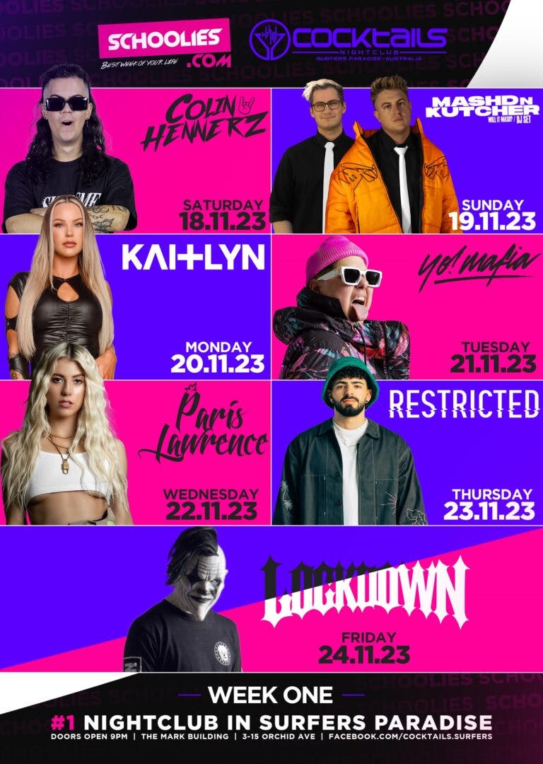 An image showing the schoolies week 1 guest DJ list at Cocktails Nightclub