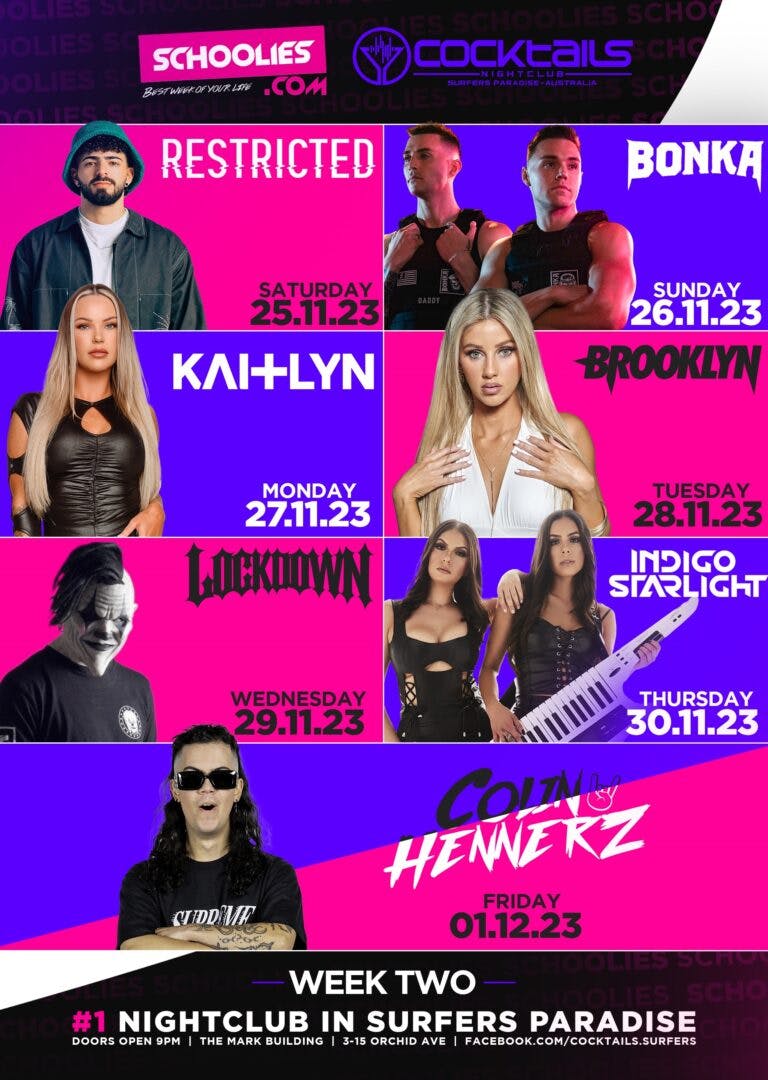 An image showing the schoolies week 2 guest DJ list at Cocktails Nightclub